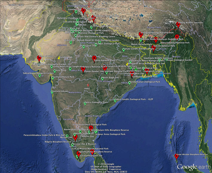 Indian zoos and biosphere reserves in Google Earth